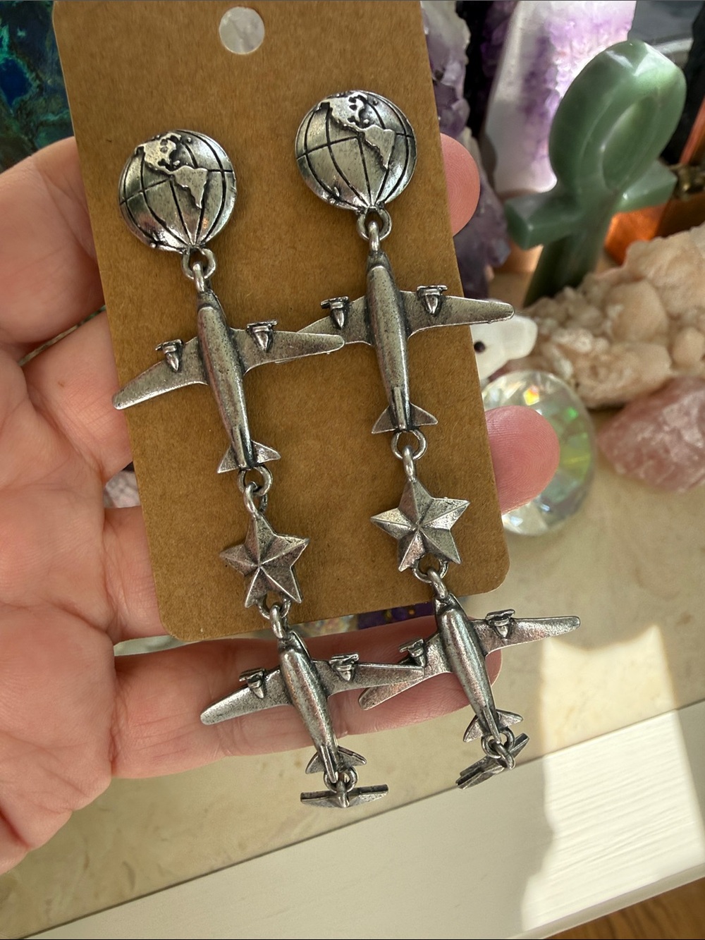 Travel-Inspired Silver Airplane Drop Earrings with Globe and Star aviator flight